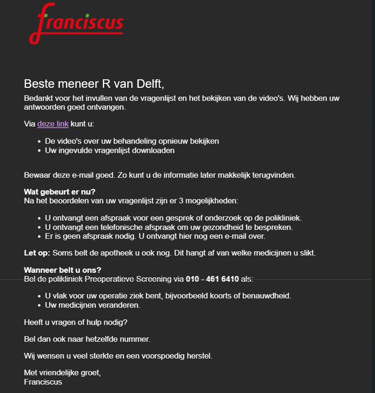 Voorbeeld bevestiging na invullen van vragenlijst